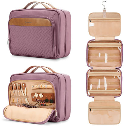 Picture of Travel Hanging Toiletry Bag for Women, Extra Large Makeup Bag, Holds Full-Size Shampoo, with Jewelry Organizer Compartment, Waterproof Cosmetic Bag, Toiletries Kit Set with Trolley Belt, Dark Purple