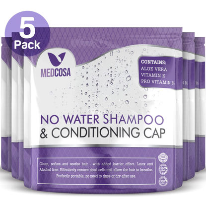 Picture of Medcosa No Rinse Shampoo Caps - Waterless Shampoo and Conditioner Hair Wash Cap - Dry Hair Washing Aids with Aloe Vera and Vitamins - Pack of 5 Rinse Free No Water Shower Caps