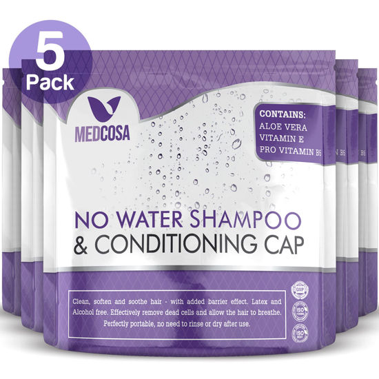 Picture of Medcosa No Rinse Shampoo Caps - Waterless Shampoo and Conditioner Hair Wash Cap - Dry Hair Washing Aids with Aloe Vera and Vitamins - Pack of 5 Rinse Free No Water Shower Caps