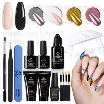 Picture of Beetles Poly Nail Extension Gel Kit with UV Lamp, 2 Neutral Colors Black Pink Nude UV Building Gel Manicure Set with 4 Jars Glitter Chrome Nail Powder Top Base Coat Easy DIY Nail Art Design Home
