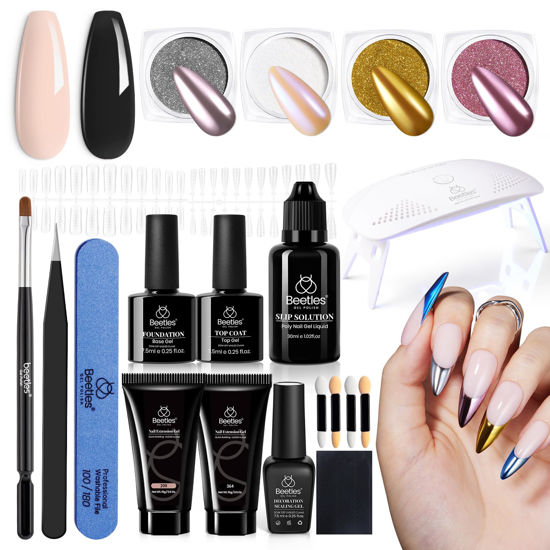 Picture of Beetles Poly Nail Extension Gel Kit with UV Lamp, 2 Neutral Colors Black Pink Nude UV Building Gel Manicure Set with 4 Jars Glitter Chrome Nail Powder Top Base Coat Easy DIY Nail Art Design Home