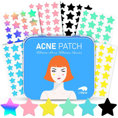 Picture of LitBear Acne Patch with Tea Tree & Centella Oil, 168 Hydrocolloid Dots in 6 Colors for Face - Cute Star Pimple Stickers