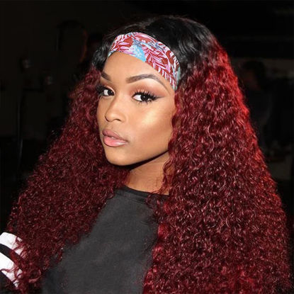 Picture of Two-tone Burgundy Deep Wave Headband Wig Human Hair 14 Inch Glueless None Lace Machine Made Wigs Ombre 99J Dark Headband Wigs for Black Women 150% Density