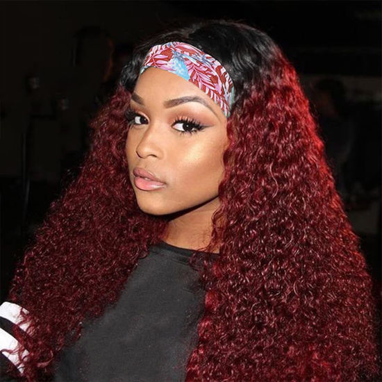 Picture of Two-tone Burgundy Deep Wave Headband Wig Human Hair 14 Inch Glueless None Lace Machine Made Wigs Ombre 99J Dark Headband Wigs for Black Women 150% Density