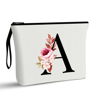 Picture of Vavabox A-Z Personalized Makeup Bag, Birthday Gifts for Women Mom, Gifts for Best Friend, Bride Bridesmaid Cosmetic bag (A, White)
