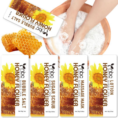 Picture of nbc BeautiLab Pedicure Kit Foot Soak Set: Bubble Salt, Sugar Scrub, Massage Mask, Massage Lotion in a Box, 4 Step Foot Spa Kit for Dry Feet, Calluses and Tired Feet(1 Set Honey Flower)