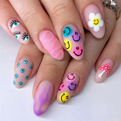 Picture of 24 Pcs Acrylic Press on Nails Medium, Glue on Nails for Women, Fake Nails with Glue (Medium-Cute Eyes and Smile)
