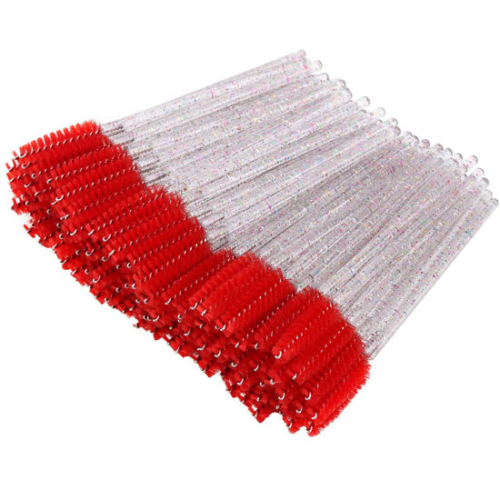 Picture of BTYMS 100 Pieces Disposable Mascara Wands Lash Spoolies Eyelash Brush Brow Spoolies Eyebrow Brush for Eyelash Extensions - Red