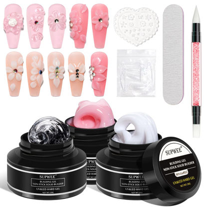 Picture of SUPWEE Solid Builder Gel for Nail Extension 3D Nail Gel Art Non Stick Hand Sculpture Hard Gel with Dual Form Flower Nail Strengthen Nail Art for Home DIY Nail Salon Lamp Cure Require 30g(1oz)