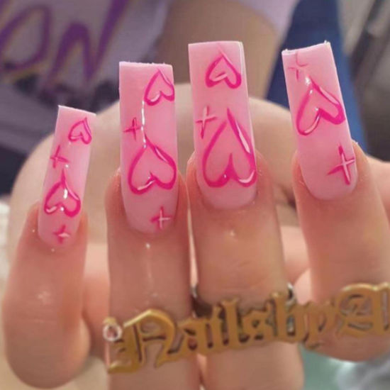 Picture of DANMANR Long Press on Nails Square French Fake Nails Full Cover Nude Acrylic False Nails for Women and Girls 24PCS (Pink Coffin)