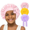 Picture of 3 Pcs Kids Silk Bonnet for Sleeping - Baby Hair Bonnet for Sleeping,Kids Satin Bonnets for Girls with Adjustable Wide Elastic Band,Sleeping Cap for Teens Toddler Child Curly Hair(Pink+Purple+Yellow)