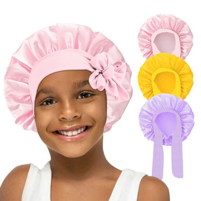 Picture of 3 Pcs Kids Silk Bonnet for Sleeping - Baby Hair Bonnet for Sleeping,Kids Satin Bonnets for Girls with Adjustable Wide Elastic Band,Sleeping Cap for Teens Toddler Child Curly Hair(Pink+Purple+Yellow)