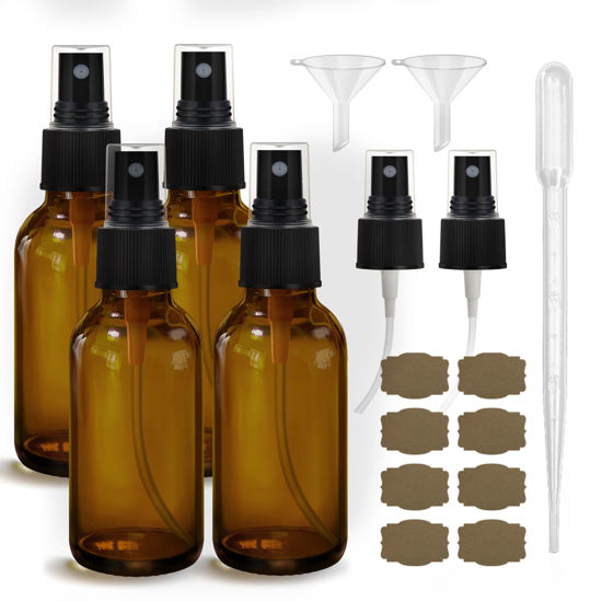 Picture of GIVAMEIHF Amber Spray Bottles about 4oz Amber Small Empty Glass Spray Bottle Fine Mist Spray Refillable Containers, Set of 4, Included 6 Sprinkler, 2 Funnels,1 Droppers, 8 Labels