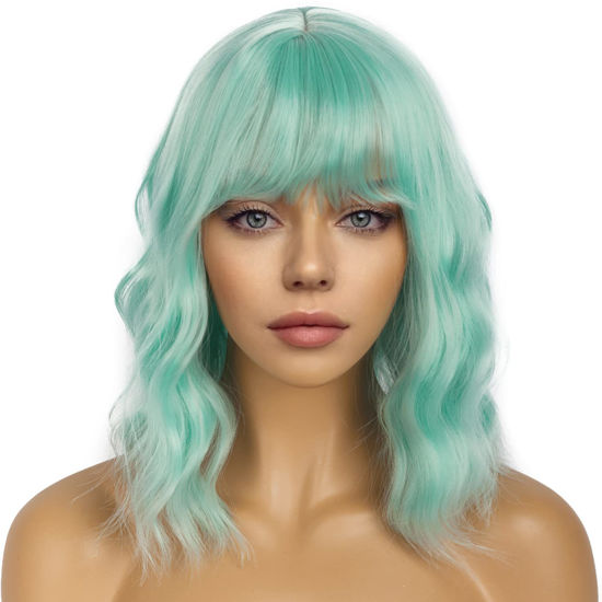 Picture of LANCAINI Short Bob Wigs with Bangs for Women Loose Wavy Wig Curly Wavy Shoulder Length Bob Synthetic Cosplay Wig for Girl Colorful Costume Wigs (Mint Green)
