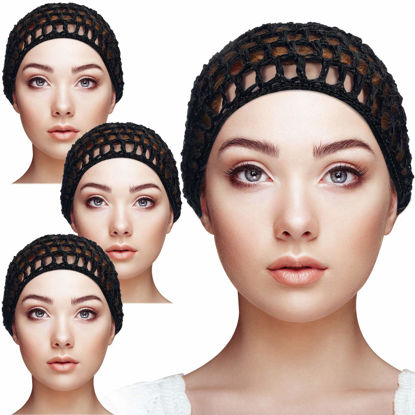Picture of Geyoga 4 Pieces Mesh Crochet Hair Net Rayon Knit Snood Hat Thick Short Women Hairnet Snoods Cover Ornament for Sleeping (Black)