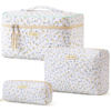 Picture of HBselect Quilted Makeup Bag, 3PCS Cotton Large Travel Makeup Bag, Cute Floral Coquette Make up Bag Cosmetic Bag Toiletry Bag for Women Girls