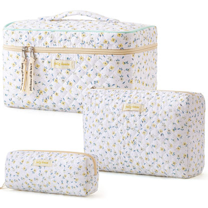 Picture of HBselect Quilted Makeup Bag, 3PCS Cotton Large Travel Makeup Bag, Cute Floral Coquette Make up Bag Cosmetic Bag Toiletry Bag for Women Girls