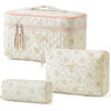 Picture of HBselect Quilted Makeup Bag, 3PCS Cotton Large Travel Makeup Bag, Cute Floral Coquette Make up Bag Cosmetic Bag Toiletry Bag for Women Girls