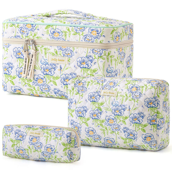 Picture of HBselect Quilted Makeup Bag, 3PCS Cotton Large Travel Makeup Bag, Cute Floral Coquette Make up Bag Cosmetic Bag Toiletry Bag for Women Girls