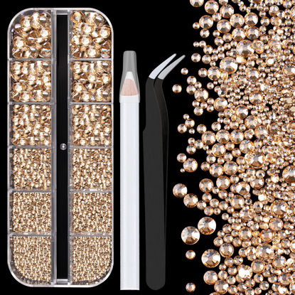 Picture of One Pack 2000 Pcs of Flatback Round Champagne Rhinestones 6 Sizes (1.5-6 mm) with Nail Art Rhinestone Picker Pencil And Tweezer For DIY And Salon Use