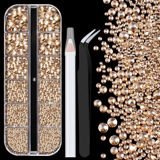 Picture of One Pack 2000 Pcs of Flatback Round Champagne Rhinestones 6 Sizes (1.5-6 mm) with Nail Art Rhinestone Picker Pencil And Tweezer For DIY And Salon Use