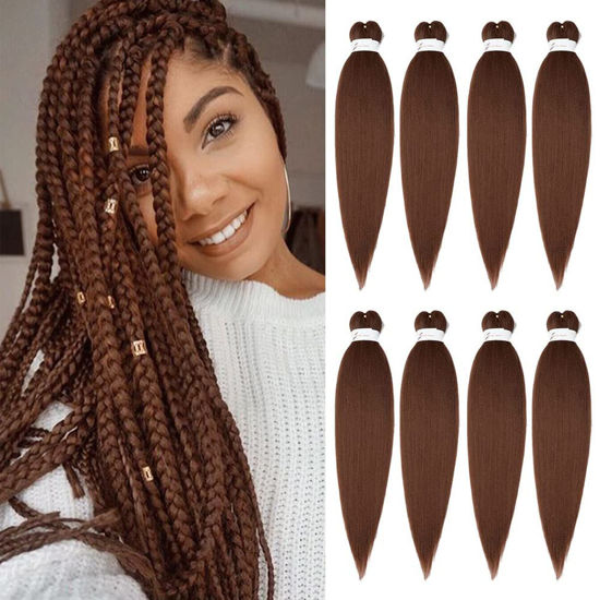 Picture of Ubeleco Pre Stretched Braiding Hair, 24-inch Braiding Hair, 8 Packs Soft Yaki Texture, No Itch, Hot Water Setting Synthetic Hair Extensions for Braids Auburn Brown(24in,30#)