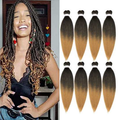 Picture of Ubeleco Pre Stretched Braiding Hair, 8 Packs 20 inch Braiding Hair Pre Stretched Yaki Texture, Hot Water Setting, Easy To Install Professional Synthetic Ombre Hair for Braiding(20in,1B/27)