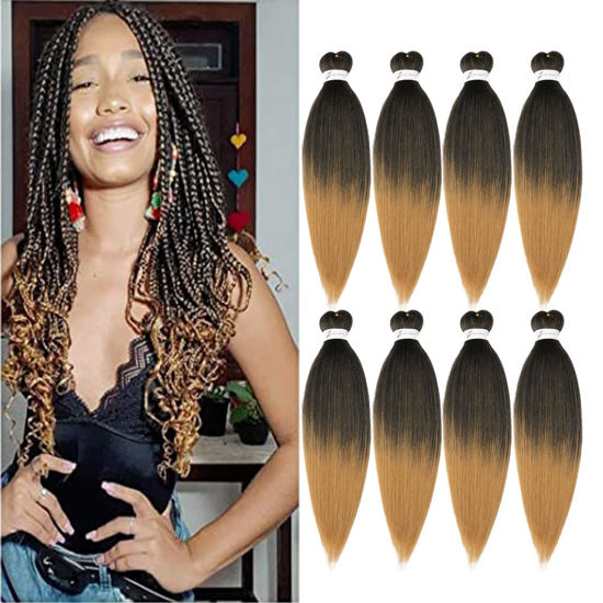 Picture of Ubeleco Pre Stretched Braiding Hair, 8 Packs 20 inch Braiding Hair Pre Stretched Yaki Texture, Hot Water Setting, Easy To Install Professional Synthetic Ombre Hair for Braiding(20in,1B/27)