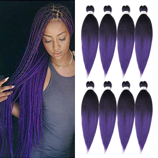 Picture of Pre Stretched Braiding Hair, 24 inch Braiding Hair, 8 Packs Soft Yaki Texture,No Itch, Hot Water Setting Synthetic Hair Extensions for Braids (24in,1B/Purple)
