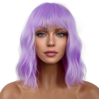 Picture of LANCAINI Short Bob Wigs with Bangs for Women Loose Wavy Wig Curly Wavy Shoulder Length Bob Synthetic Cosplay Wig for Girl Colorful Costume Wigs (Purple)