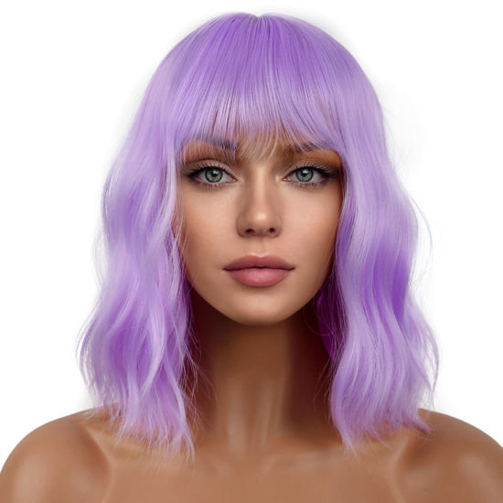 Picture of LANCAINI Short Bob Wigs with Bangs for Women Loose Wavy Wig Curly Wavy Shoulder Length Bob Synthetic Cosplay Wig for Girl Colorful Costume Wigs (Purple)