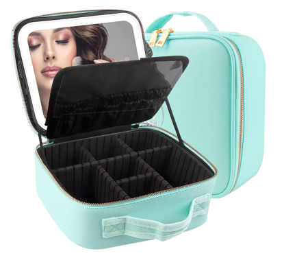 Picture of MOMIRA Travel Makeup Bag Cosmetic Bag Makeup Organizer Bag with Large Lighted Mirror 3 Color Scenarios Adjustable Brightness, Waterproof Makeup Travel Case, Large Makeup Train Case Toiletry Gift