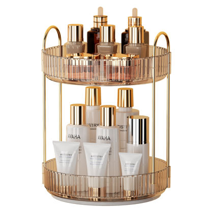 Picture of YCIA&DONE 360 Rotating Makeup Organizer and Storage for Vanity Countertop 2 Tiers, High Capacity Cosmetic Skincare Perfume Organizer for Dresser Bathroom Lazy Susan Organizer(Amber Gold)