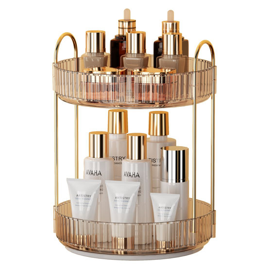Picture of YCIA&DONE 360 Rotating Makeup Organizer and Storage for Vanity Countertop 2 Tiers, High Capacity Cosmetic Skincare Perfume Organizer for Dresser Bathroom Lazy Susan Organizer(Amber Gold)