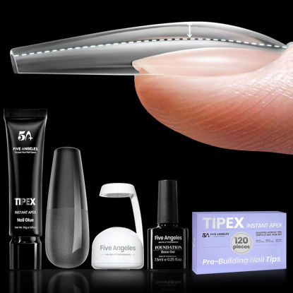 Picture of Five Angeles Tipex Gel Nail Tips Kit,Pre-etched Acrylic Hard Nail Tips Set for Beginners,Long Coffin Full Cover Press On Nails,Deep C Curve Flat Nails,UV Nail+Glue+LED Lamp+Base Gel