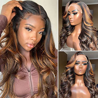 Picture of Beauty Forever #FB30 Balayage Highlight Wavy Lace Front Human Hair Wigs for Women Brazilian Remy Hair Ombre Chocolate Brown Body Wave Frontal Wig Pre Plucked with Baby Hair 22 inch