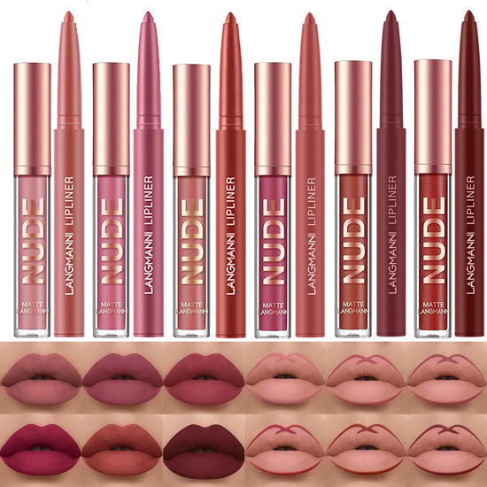 Picture of LANGMANNI 6 Matte Lipstick with 6 Lipliners Durable Makeup Set,Long-Lasting Non-Stick Cup Not Fade Waterproof Pigmented Velvet Lipgloss Kit Beauty Cosmetics Makeup Gift for Girls (#A)