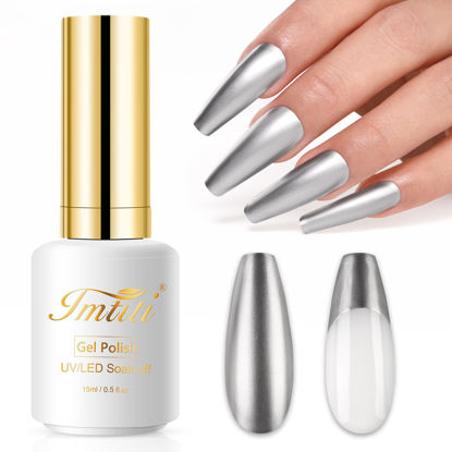 Picture of Imtiti Chrome Gel Nail Polish, 15ML Silver Metallic Gel Nail Polish Metal Mirror Effect Chrome Gel Polish Soak off UV LED DIY Nail Art Salon Manicure