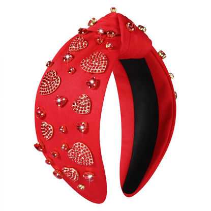 Picture of YAHPERN Valentine’s Day Headband for Women Red Pink Heart Knotted Headband Jeweled Rhinestone Crystal Wide Top Knot Hairband Valentine’s Day Hair Accessories Holiday Gifts (Red 3)