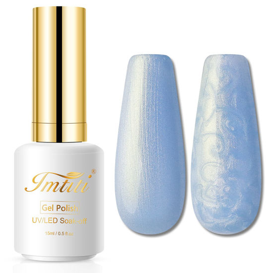 Picture of Imtiti Pearl Gel Nail Polish,0.5 Fl Oz Sky Blue Glitter Drawing Gel Polish Shell Thread Shimmer Mermaid Nail Gel Polish Soak Off UV LED for Home DIY Nail Art Manicure Salon