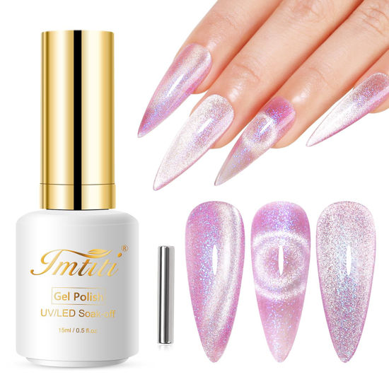 Picture of Imtiti Cat Eye Gel Nail Polish, 15ML Pink Holographic Glitter Cat Eye Gel Polish with Magnet UV LED Magnetic Gel Nail Polish Crystal Galaxy Sparkly Home DIY Manicure Nail Salon Kit