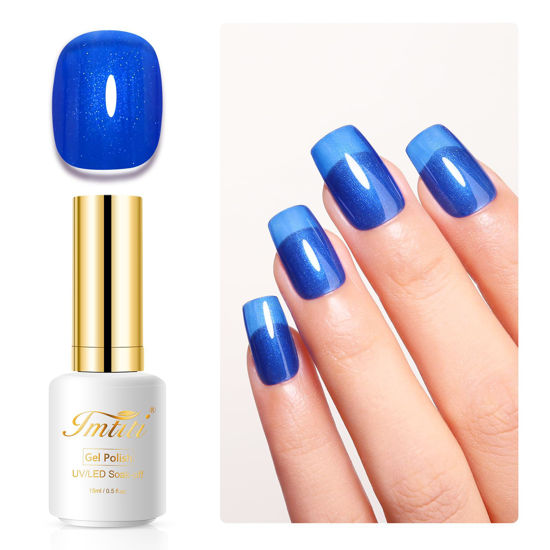 Picture of Imtiti Pearl Gel Nail Polish, 0.5 Fl Oz Deep Blue Glitter Gel Polish Soak Off LED UV Shimmer Mermaid Pearlescent Nail Gel Polish DIY Nail Art Starter Manicure Salon Gel Nail Polish Kit