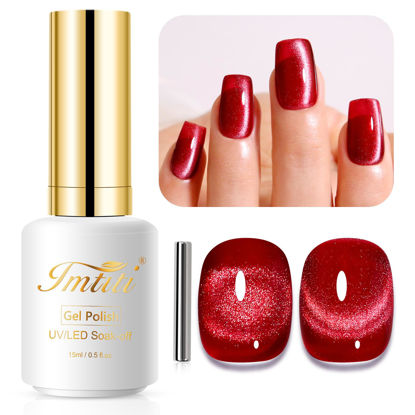Picture of Imtiti Cat Eye Gel Nail Polish, 15ml Blood Red Crystal Glitter Cat Eye Gel Polish With Magnet Magnetic Gel Nail Polish Holographic Galaxy Sparkly Soak Off UV Led Manicure Nail Salon Kit