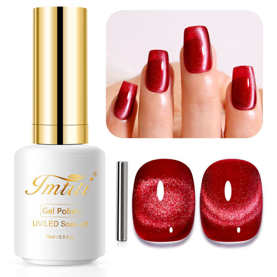 Picture of Imtiti Cat Eye Gel Nail Polish, 15ml Blood Red Crystal Glitter Cat Eye Gel Polish With Magnet Magnetic Gel Nail Polish Holographic Galaxy Sparkly Soak Off UV Led Manicure Nail Salon Kit