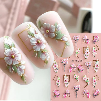 Picture of 5D Flowers Nail Art Stickers 4 Sheets Pink Flowers Geometric Lines Decor Acrylic Embossed Sliders Gold Strips Nail Decals Acrylic Flowers Nails Charms Cherry Blossom Manicure Accessories