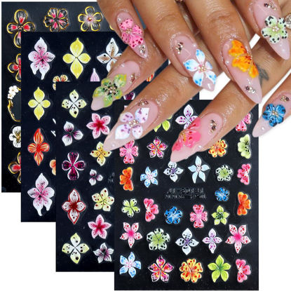 Picture of Fcozpjk Flower Nail Stickers 5D Embossed Lily Flower Stickers for Nails Hibiscus Self Adhesive Floral Nail Decals Gold Flower Nail Charms Vacation Nail Design Pegatinas para Uñas 4 Sheet