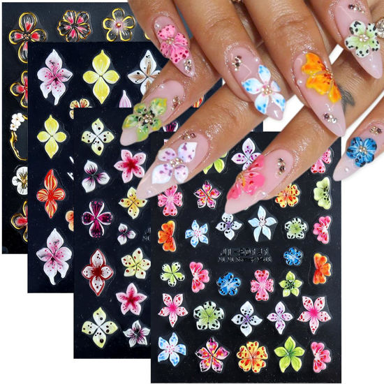 Picture of Fcozpjk Flower Nail Stickers 5D Embossed Lily Flower Stickers for Nails Hibiscus Self Adhesive Floral Nail Decals Gold Flower Nail Charms Vacation Nail Design Pegatinas para Uñas 4 Sheet