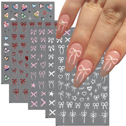 Picture of Fcozpjk 5D Embossed Bow Nail Stickers, 5 Sheets Self-Adhesive Pink White Ribbons Nail Decals, Valentines' Day Nail Art, Heart Nail Charms, Cute Cartoon Pop Art Stickers, Pegatinas para Uñas