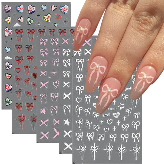 Picture of Fcozpjk 5D Embossed Bow Nail Stickers, 5 Sheets Self-Adhesive Pink White Ribbons Nail Decals, Valentines' Day Nail Art, Heart Nail Charms, Cute Cartoon Pop Art Stickers, Pegatinas para Uñas