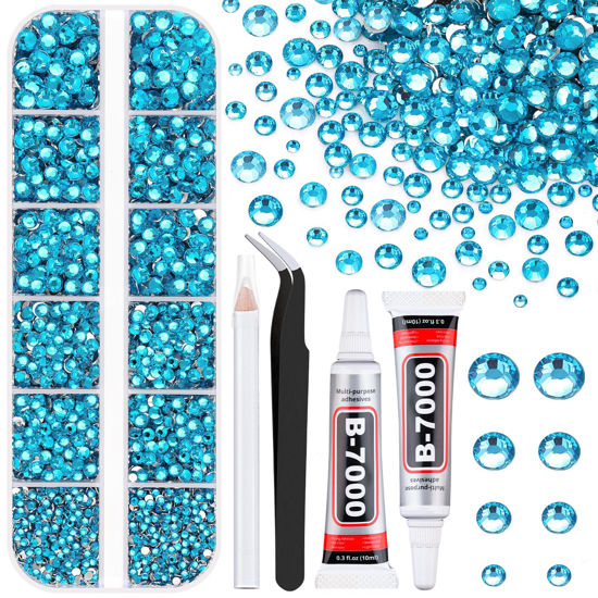 Picture of 6100Pcs Resin Rhinestones for Crafting with 2Pcs 10ml B7000 Jewelry Glue, 1 Box Flatback Crystals Diomand (Indicolite) for Bedazzling Crafts DIY Nail Art Makeup，Non Hotfix Gems for Clothing Shoes